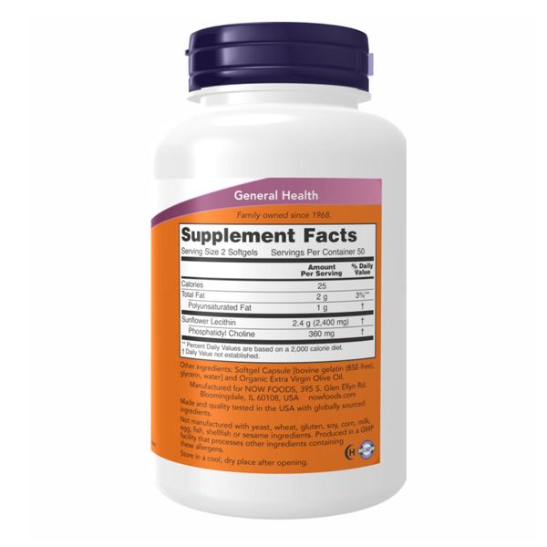 NOW Foods Sunflower Lecithin 1200 mg - 200 капсул 733739023131 фото